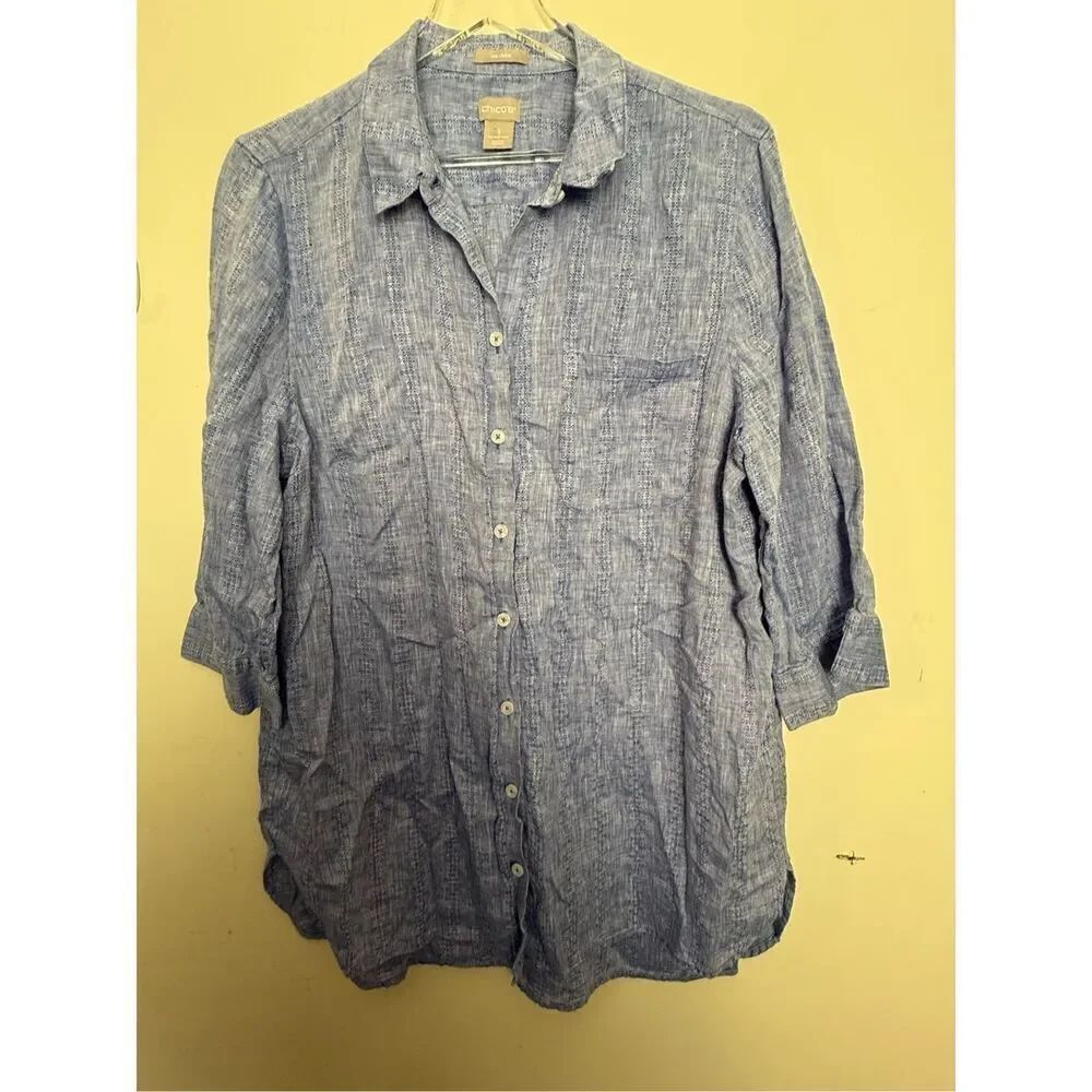 Chicos 100% Linen Tunic Button Up Blouse Womens Size 3 16/18 Blue 3/4 Sleeve